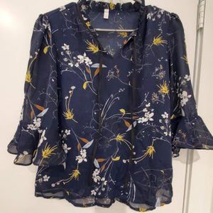 Blue Floral Printed Blouse with Bow Tie Neck and Ruffled 3/4 Length Sleeves